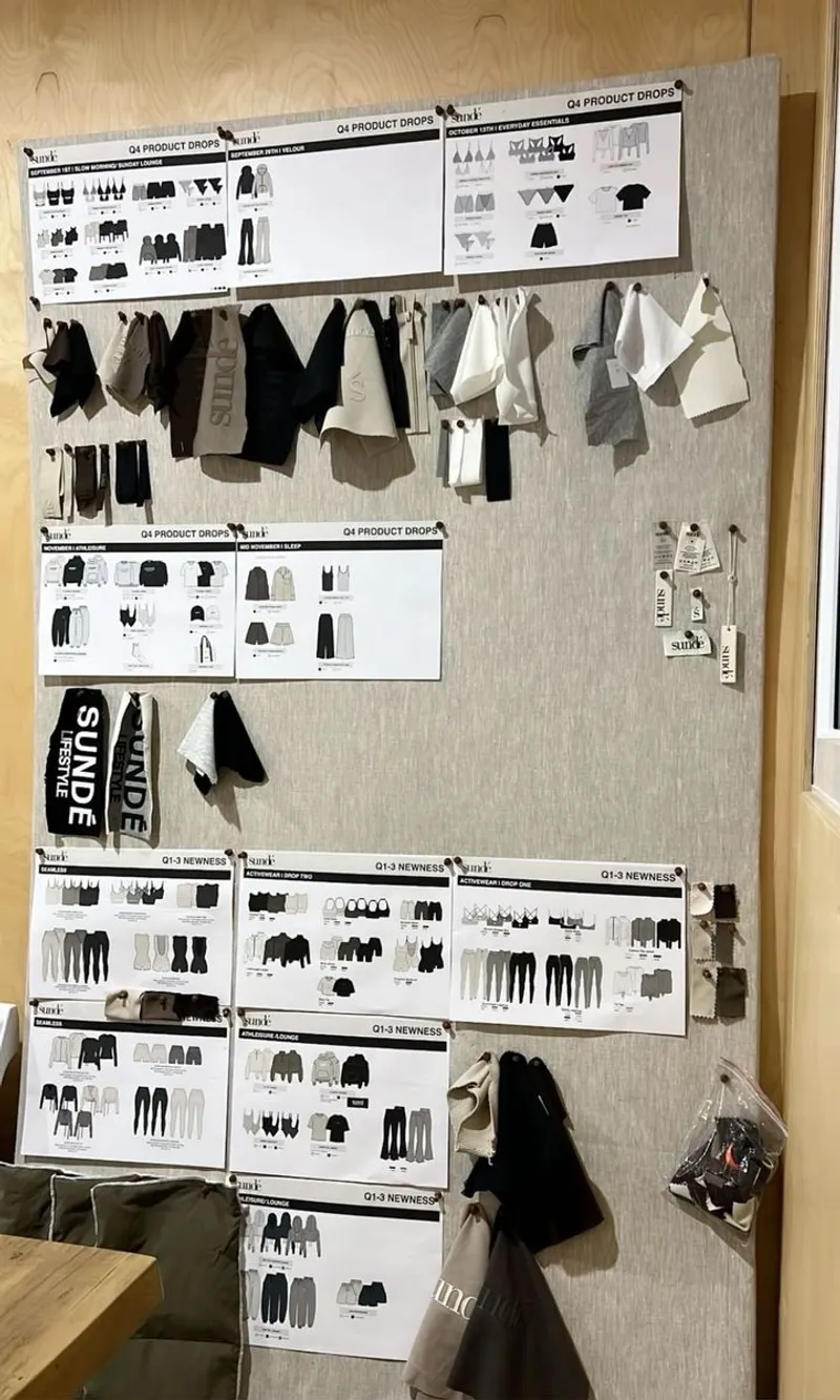 A collection of fabric swatches and design sketches