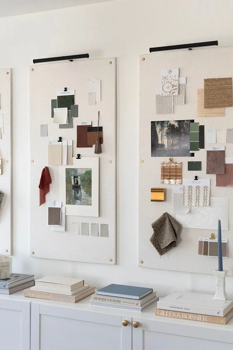A collection of fabric swatches and design sketches on a desk