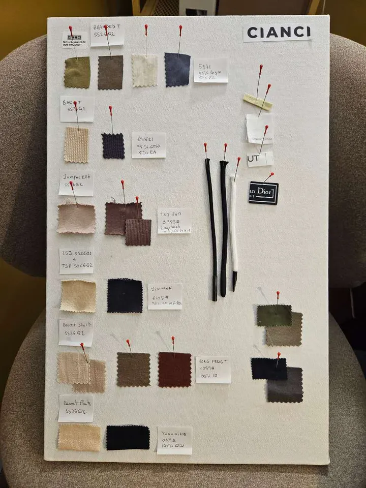 Fabric development board with pinned swatches, trims, and references
