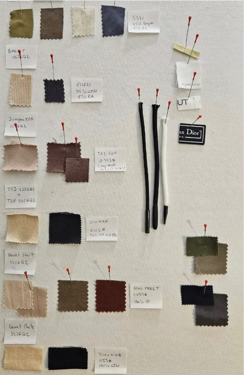 Fabric swatches, trims, and development notes pinned to a sample board